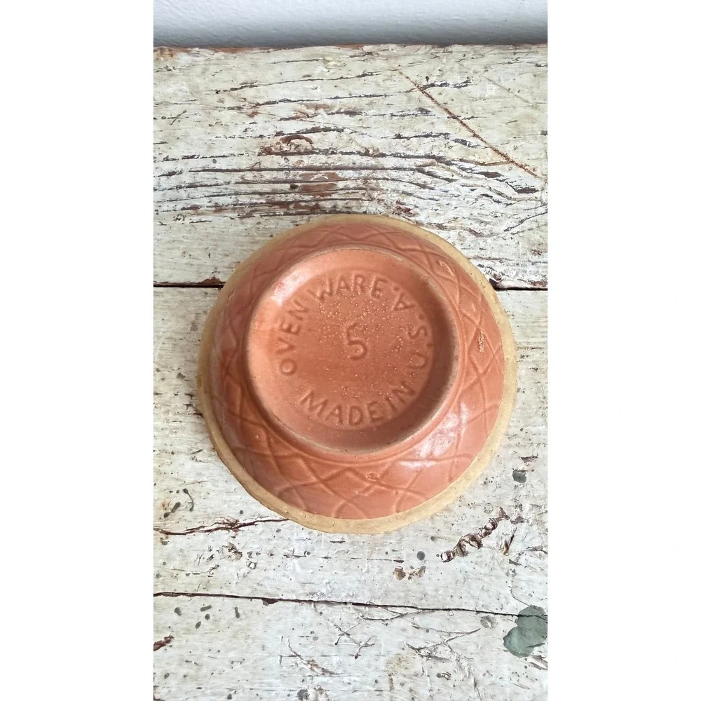 Vintage Oven Ware #5 Terracotta Mixing Bowl USA Embossed Geometric 6